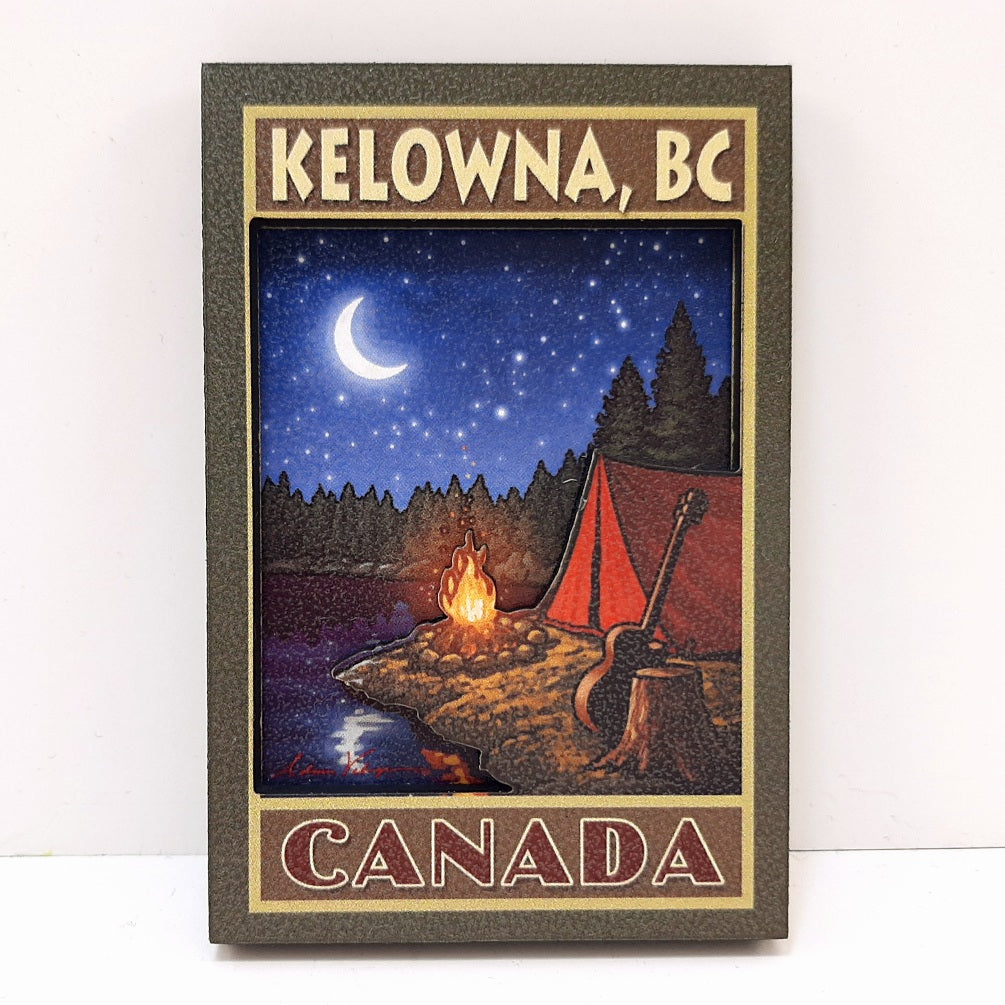 2-D Vintage Art Wooden Kelowna Capming By The Lake magnet Made In Canada