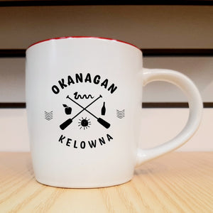 Okanagan Kelowna Ogopogo, Apple, Sun, Wine Detailed Mug White X Red