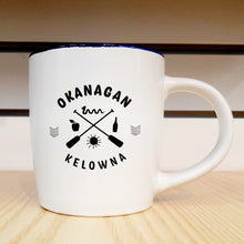 Load image into Gallery viewer, Okanagan Kelowna Ogopogo, Apple, Sun, Wine Mug White X  Blue
