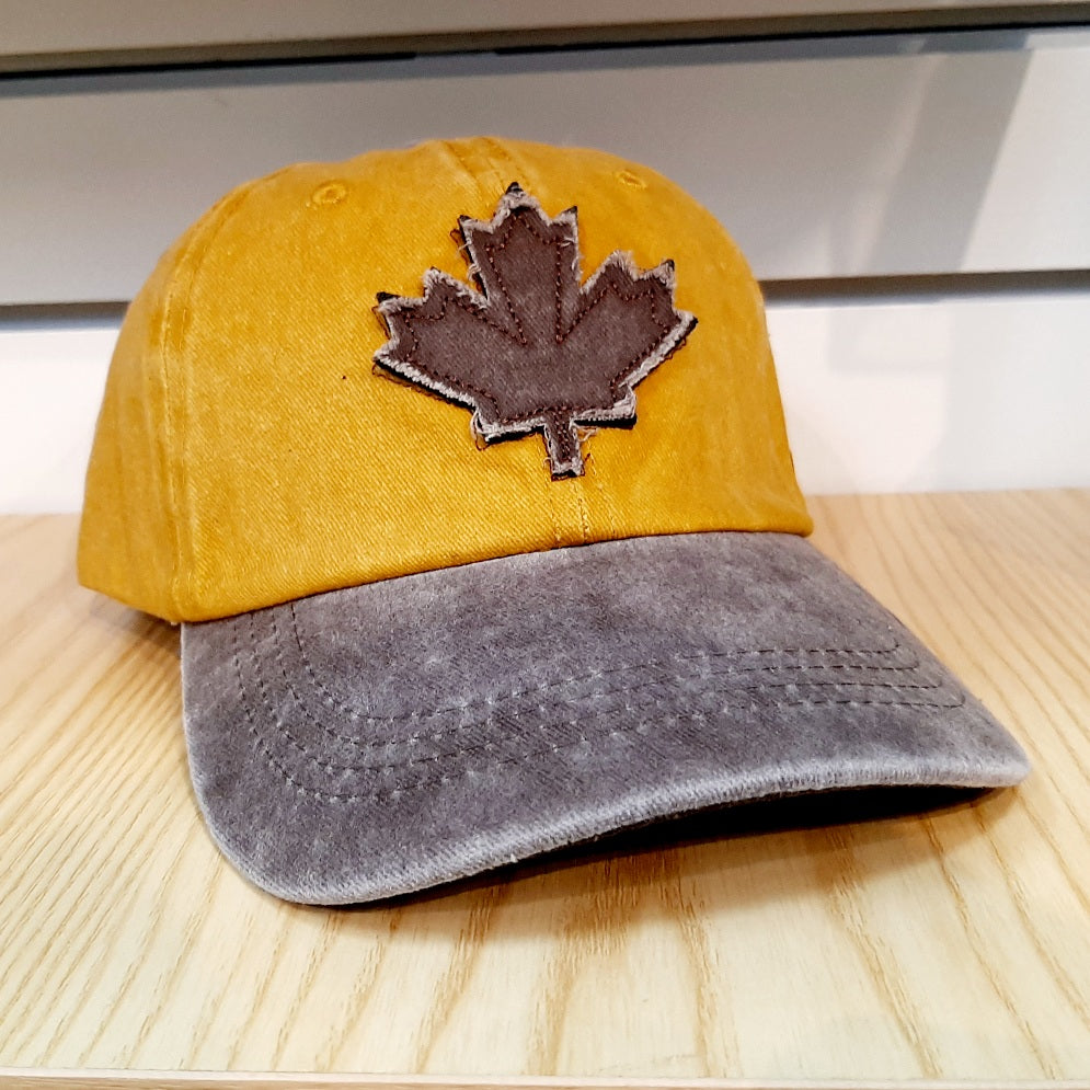 Adult Maple Leaf Hat Cap Canada Mustard Yellow X Washed Brown