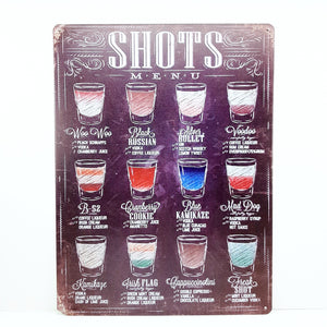 Tin Sign "SHOTS MENU" Home Decor