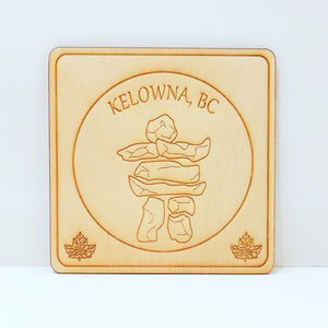 Wooden Square Coaster Inukshuk Kelowna Logo Made In Canada