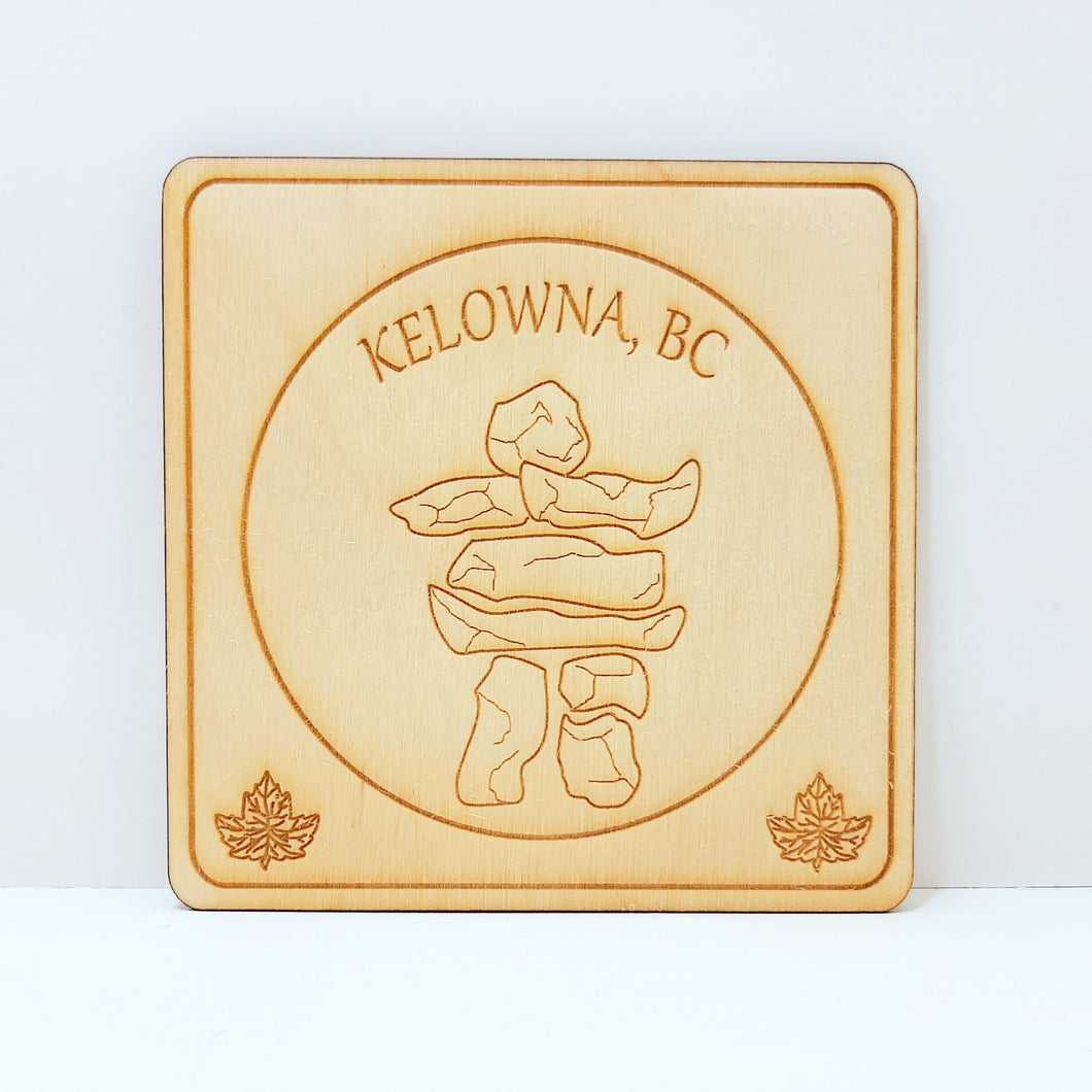 Wooden Square Coaster Inukshuk Kelowna Logo Made In Canada