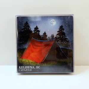 Set of 4 Coaster Camping Image Kelowna Logo Cork Back