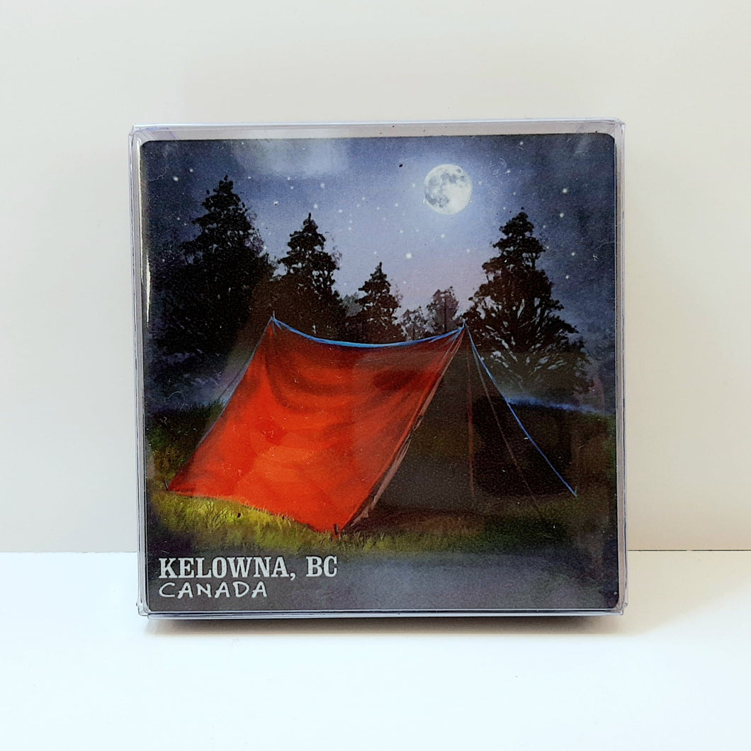 Set of 4 Coaster Camping Image Kelowna Logo Cork Back