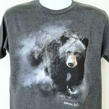 Load image into Gallery viewer, Printed Adult T-shirt Kelowna BC. Charcoal Gray Bear in Fog
