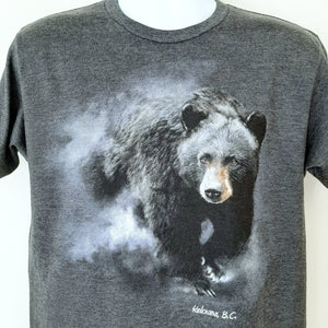 Printed Adult T-shirt Kelowna BC. Charcoal Gray Bear in Fog