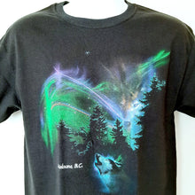 Load image into Gallery viewer, Printed Adult T-shirt Kelowna BC. Black Wolf and Aurora
