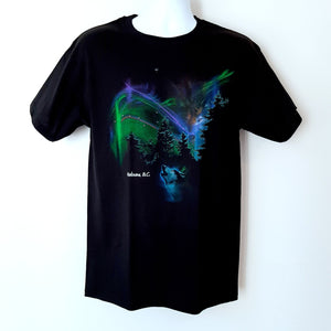 Printed Adult T-shirt Kelowna BC. Black Wolf and Aurora